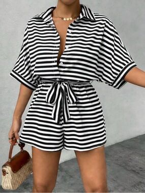 SHEIN Black & White Striped Tie-Waist Romper